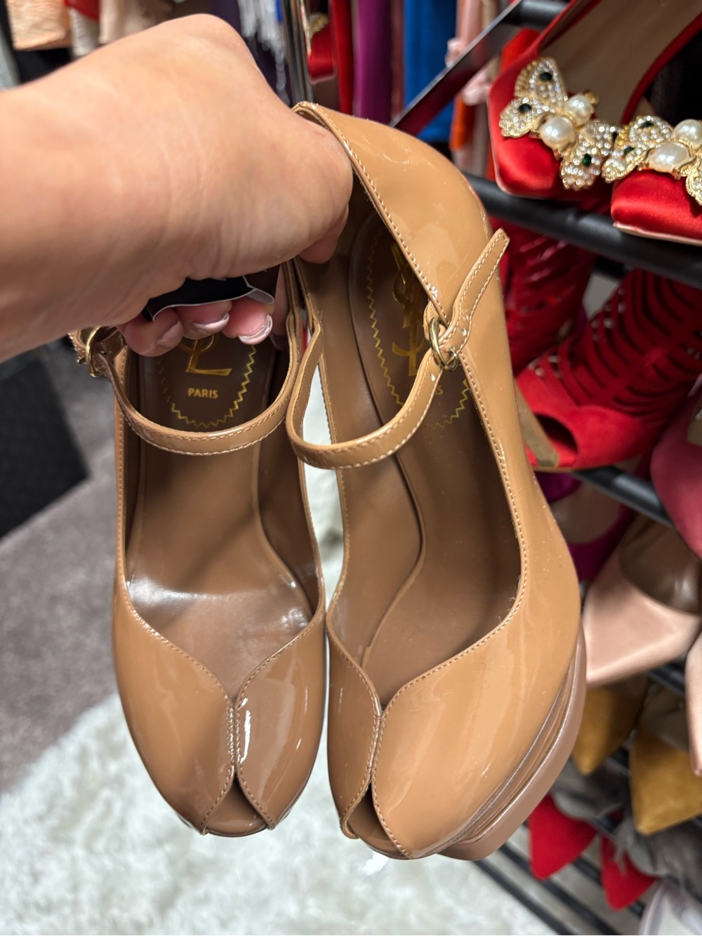 Patent Tan Peep-Toe Mary Jane Heels